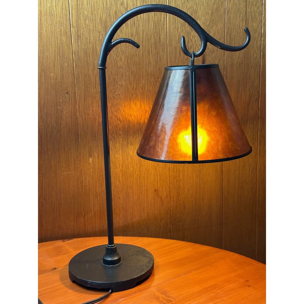 Rustic Wrought Iron Table Lamp with Amber Mica Shade